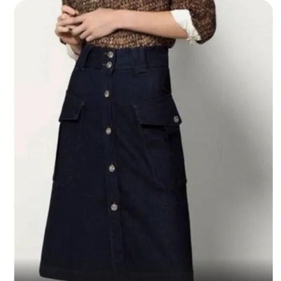 Massimo Dutti Calidad Denim Jean Midi A-Line Button Front Skirt Size 8 - Picture 1 of 10